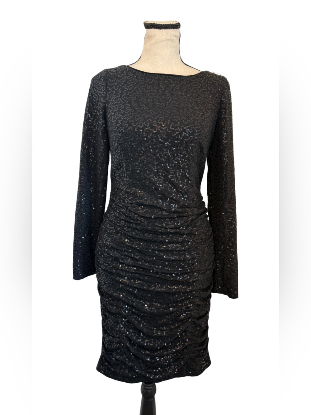 Aidan Mattox Black Sequin Ruched Long Sleeve Cocktail Dress Size 6